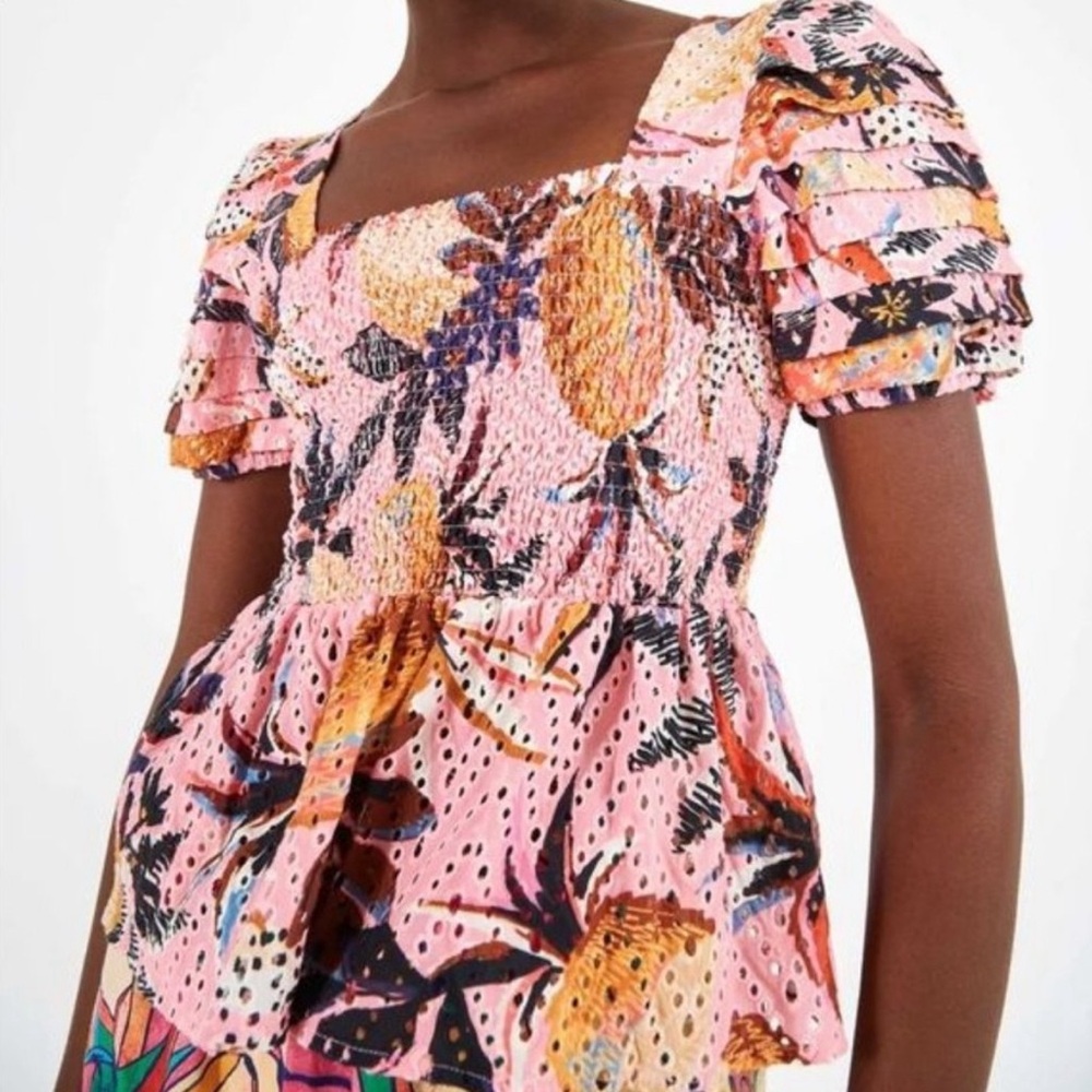 Farm Rio Smocked Pink Pineapple Top | S